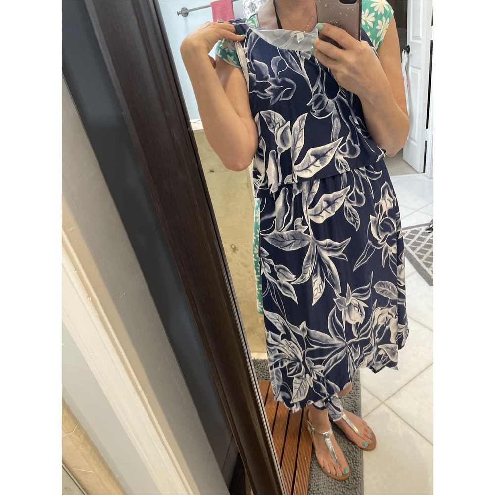Soma Navy Blue Floral Layered Asymmetrical Midi Maxi Dress Pockets Small NWT